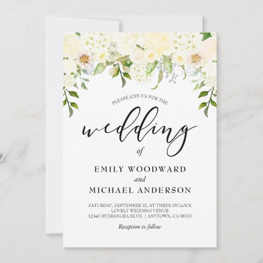 ロマンチックなアイボリークリームフローラウォーター結婚カラー 招待状 (正面)