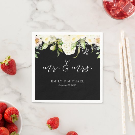 ロマンチックなアイボリークリームフローラブラック結婚ズ スタンダードカクテルナプキン (インサイチュ)