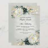 ロマンチックなアイボリーティール(緑がかった色)水の色フローラセージ緑 招待状 (正面/裏面)