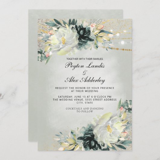 ロマンチックなアイボリーティール（緑がかった色）水の色フローラセージ緑 招待状 (正面/裏面)