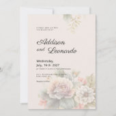 ロマンチックなアイボリーピンクの青い夏のフローラ 招待状 (正面)