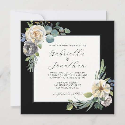 ロマンチックなアイボリーフローラウォーターカラーブラック結婚ズ 招待状 (正面)