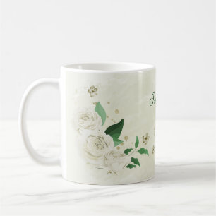 ロマンチックなアイボリー白の花と緑の葉 コーヒーマグカップ