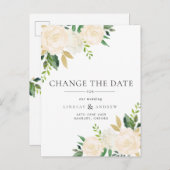 ロマンチックなアイボリー結婚バラの日付の変更 案内ポストカード (正面/裏面)