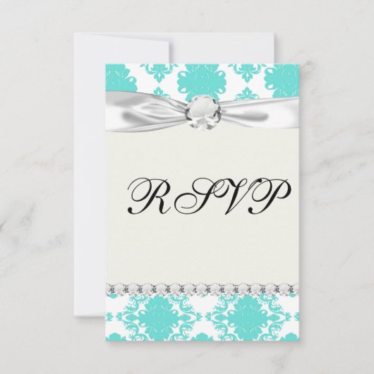 ロマンチックなアクアブルーホワイトダマスクデザイン 出欠カード (正面)