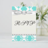 ロマンチックなアクアブルーホワイトダマスクデザイン 出欠カード (スタンド正面)