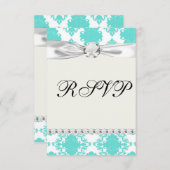 ロマンチックなアクアブルーホワイトダマスクデザイン 出欠カード (正面/裏面)