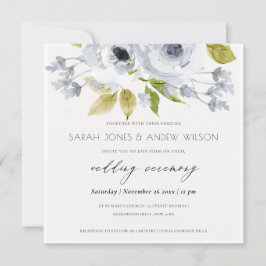 ロマンチックなアクアブルー水彩フローラ婚約 招待状