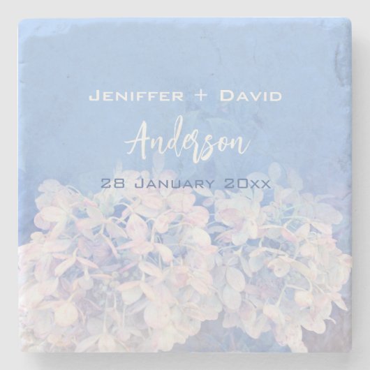 ロマンチックなアジサイパーソナライズされた結婚ズの ストーンコースター (正面)