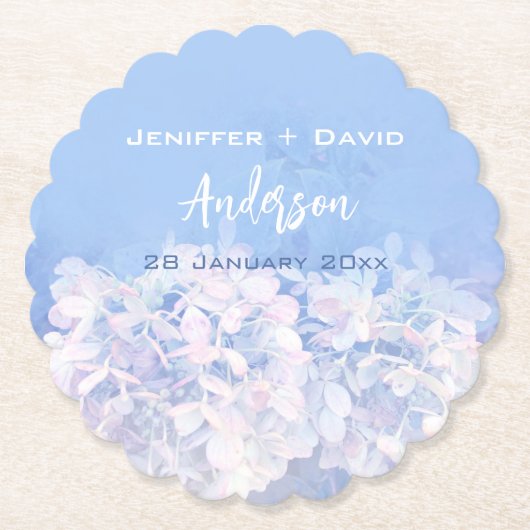 ロマンチックなアジサイパーソナライズされた結婚ズの ペーパーコースター (正面)