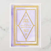 ロマンチックなアンティークブックパープルベビーシャワー金ゴールド 箔招待状 (正面)