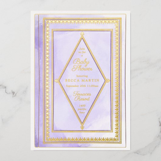 ロマンチックなアンティークブックパープルベビーシャワー金ゴールド 箔招待状 (正面)