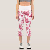 ロマンチックなアンティークヴィンテージバラ – ピンクオンホワイト カプリレギンス (正面)