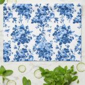 ロマンチックなアンティークヴィンテージバラ – ブルーオンホワイト キッチンタオル (折り畳み)