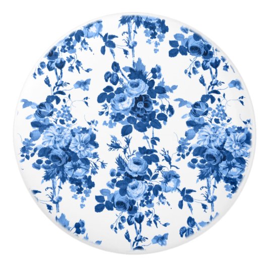 ロマンチックなアンティークヴィンテージバラ – ブルーオンホワイト セラミックノブ (正面)