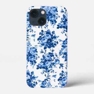 ロマンチックなアンティークヴィンテージバラ – ブルーオンホワイト iPhone 13 MINIケース