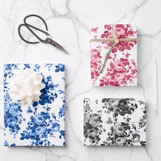 ロマンチックなアンティークヴィンテージバラ – ブルー、ピンク&グレー ラッピングペーパーシート (正面)