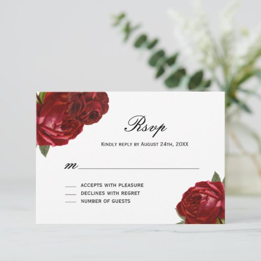 ロマンチックなアンティーク赤いバラストライプスとRSVPカード 出欠カード (スタンド正面)