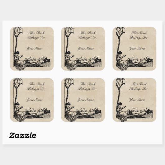 ロマンチックなアールヌーボー蔵書票をパーソナライズ スクエアシール (シート)
