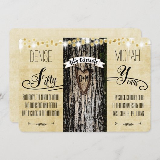 ロマンチックなイルミネーションと素朴な木の50周年記念 招待状 (正面/裏面)