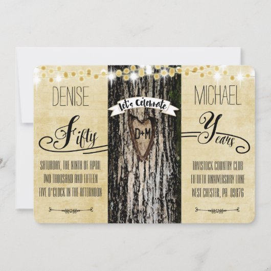 ロマンチックなイルミネーションと素朴な木の50周年記念 招待状 (正面)