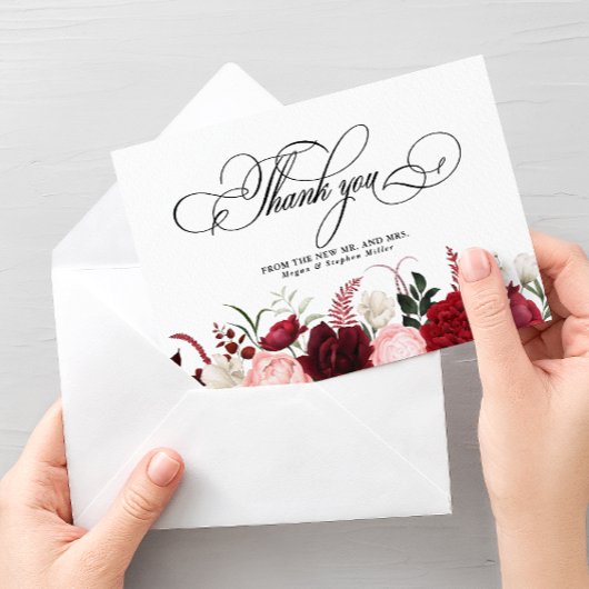 ロマンチックなウォーターカラーブルゴーニュフローラシック結婚ズ サンキューカード