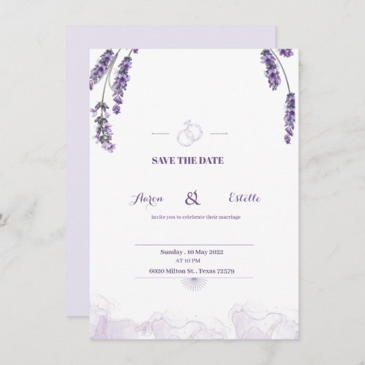ロマンチックなウォーターカラーラベンダー結婚フローラズインビタ 招待状 (正面/裏面)