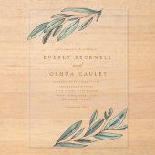 ロマンチックなエバーグリーンウォーター色の結婚植物 アクリル招待状 (正面)