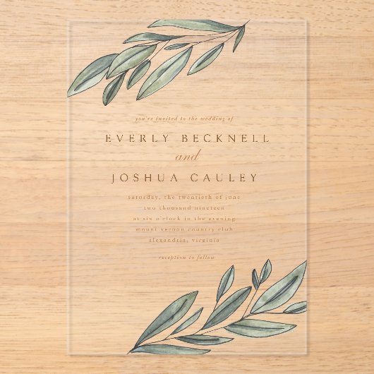 ロマンチックなエバーグリーンウォーター色の結婚植物 アクリル招待状 (正面)
