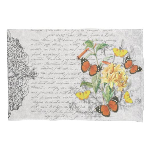 ロマンチックなエフエメラ蝶フローラフランスのスクリプト 枕カバー (正面)