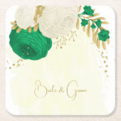 ロマンチックなエメラルドグリーンと白の花の金ゴールド スクエアペーパーコースター (正面)