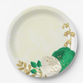 ロマンチックなエメラルドグリーンと白の花の金ゴールド ペーパープレート (正面)
