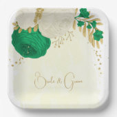 ロマンチックなエメラルドグリーンと白の花の金ゴールド ペーパープレート (正面)