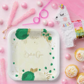 ロマンチックなエメラルドグリーンと白の花の金ゴールド ペーパープレート (パーティー)