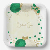 ロマンチックなエメラルドグリーンと白の花の金ゴールド ペーパープレート (正面)