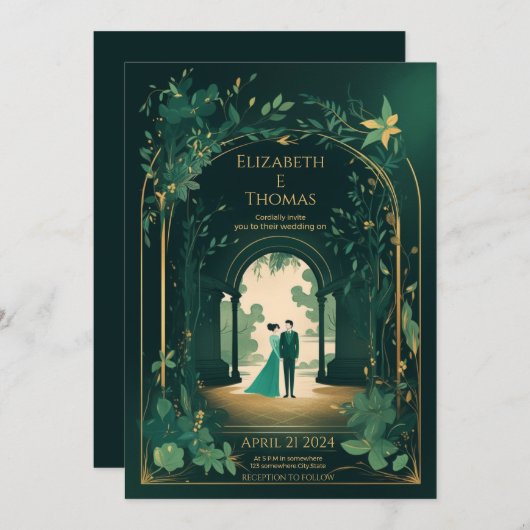 ロマンチックなエメラルドグリーンと金ゴールド。 招待状 (正面/裏面)