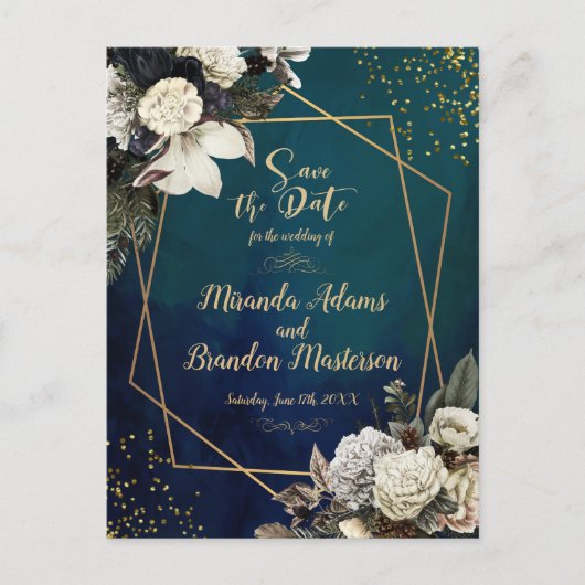 ロマンチックなエメラルドグリーン金ゴールドフローラ保存日 案内ポストカード (正面)