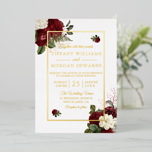 ロマンチックなエレガンス：ブルゴーニュ&ホワイトフローラ結婚ズ 箔招待状 (立ち正面)