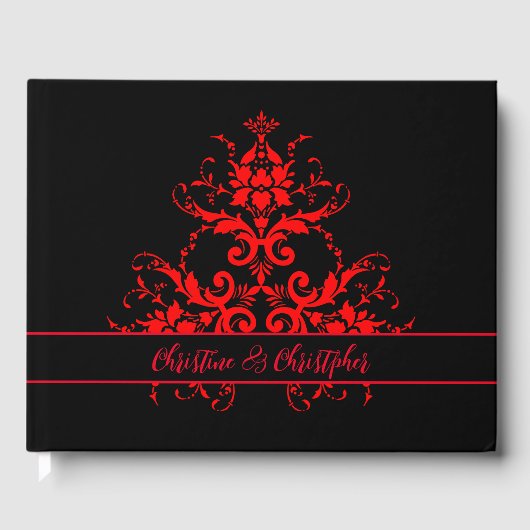ロマンチックなエレガントヴィンテージ赤いダマスクの結婚式 ゲストブック (正面)