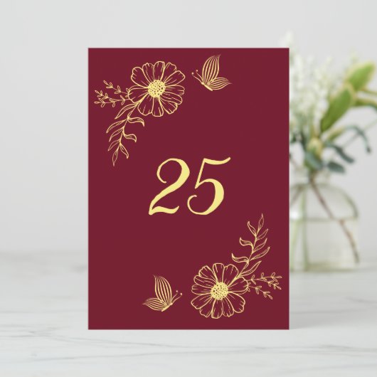 ロマンチックなエレガント金ゴールドフラワーブルゴーニュのテーブルナンバー 招待状 (スタンド正面)