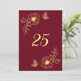 ロマンチックなエレガント金ゴールドフラワーブルゴーニュのテーブルナンバー 招待状