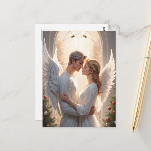 ロマンチックなエンジェル絵を描カップル ポストカード (正面/裏面インサイチュ)
