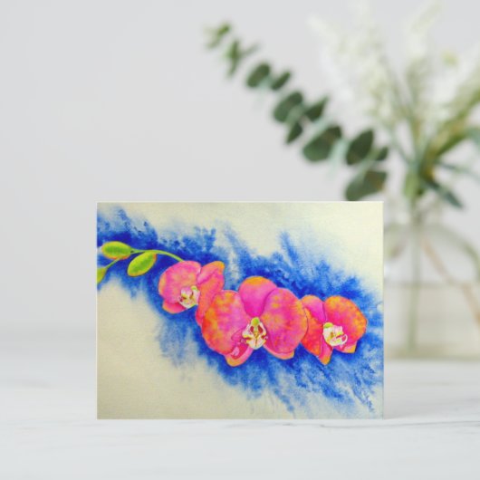 ロマンチックなオレンジ色のピンクの水の色のラン絵画ズ ポストカード (スタンド正面)