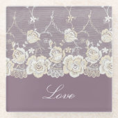 ロマンチックなオーキッドパープルフラワーラブ ガラスコースター (正面)