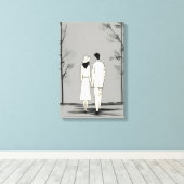 ロマンチックなカップルがミニマルなラインアートを散策 キャンバスプリント (インサイチュ (ウッドフロア))