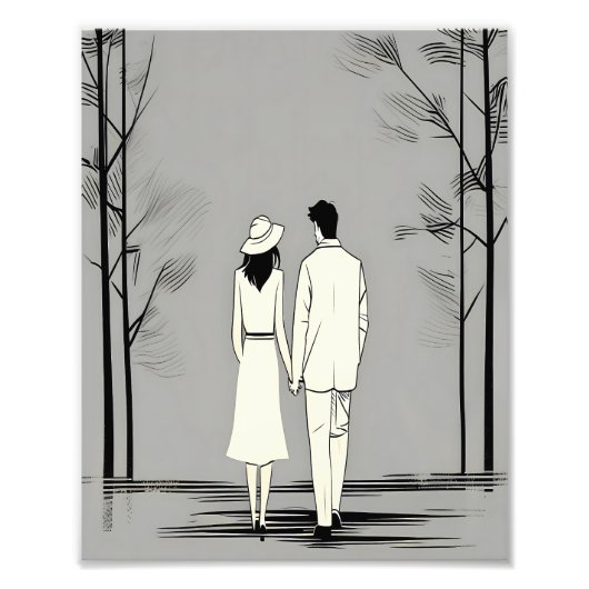 ロマンチックなカップルがミニマルなラインアートを散策 フォトプリント            (正面)