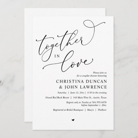 ロマンチックなカップルが一緒に愛でパーティーをシャワー 招待状 (正面/裏面)