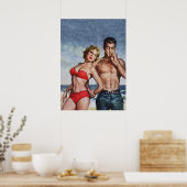 ロマンチックなカップルでビーチヴィンテージパルプカバー ポスター (キッチン)