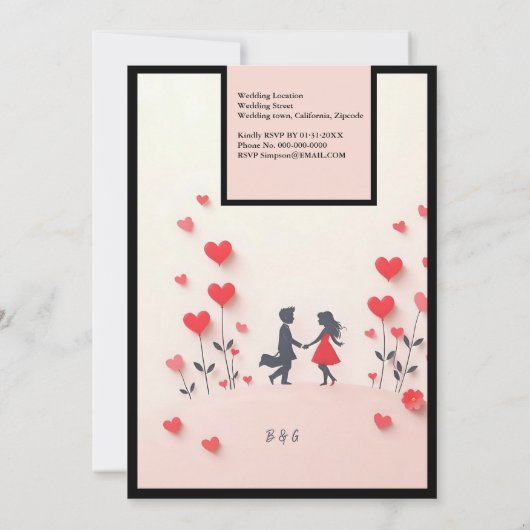 ロマンチックなカップルのシルエット結婚赤いハート 招待状 (裏面)