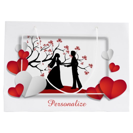 ロマンチックなカップルのシルエット赤いハートパーソナライズ ラージペーパーバッグ (裏面)